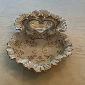 Antique gold trimmed white porcelain serving dish with handle